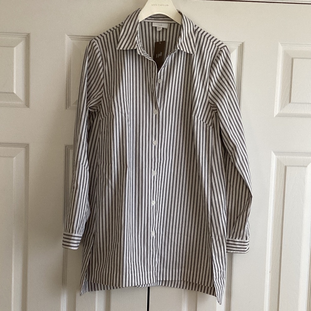 J.Jill Cotton  Button Up Tunic Blouse Striped Stretch Long Sleeve  Size  S